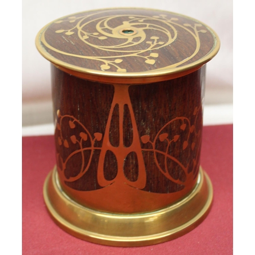 594 - C20th rosewood cylindrical string box, inlaid with brass Art Nouveau foliage, H10cm