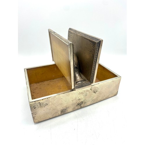 1060 - Geo.V Art Deco hallmarked silver Treasury style cigar box, with strap work handle, engine turned dec... 