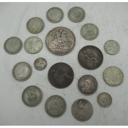 617C - Selection of pre 1947 Georgian and later coinage including 1889 Victoria crown, Geo. III shilling, v... 