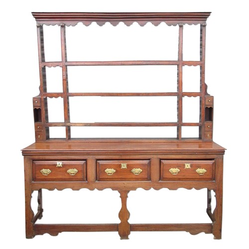 1312 - C18th and later oak dresser, raised three shelf back with moulded cornice shaped frieze and spice dr... 