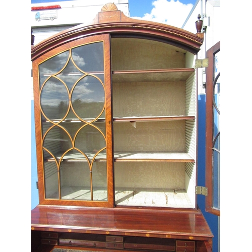 1291 - Geo.III satinwood banded and inlaid mahogany secretaire bookcase, arched top with urn finials and tw... 