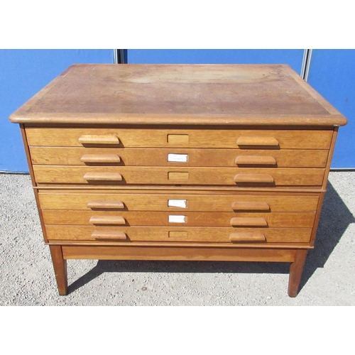 1303 - C20th Abbess oak six drawer plan chest on square supports, W122cm D93cm H90cm