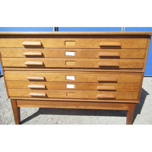 1303 - C20th Abbess oak six drawer plan chest on square supports, W122cm D93cm H90cm