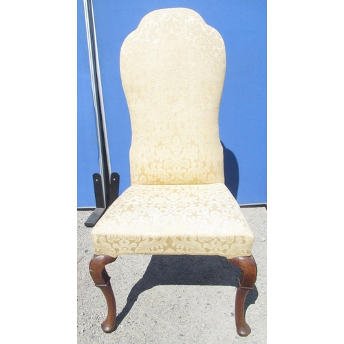 1297 - C18th walnut side chair, stepped arched waisted upholstered back and seat on C scroll carved cabriol... 