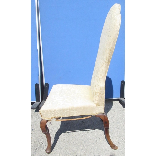 1297 - C18th walnut side chair, stepped arched waisted upholstered back and seat on C scroll carved cabriol... 