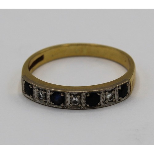 1026 - 18ct yellow gold half hoop eternity ring set with three diamonds and four sapphires, size P, 3.3g