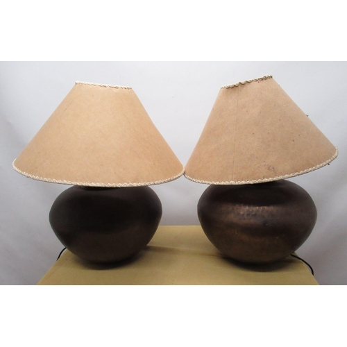 1306 - Pair of Indian style table lamps, globular hammered metal bodies with parchment type shades, H60cm (... 