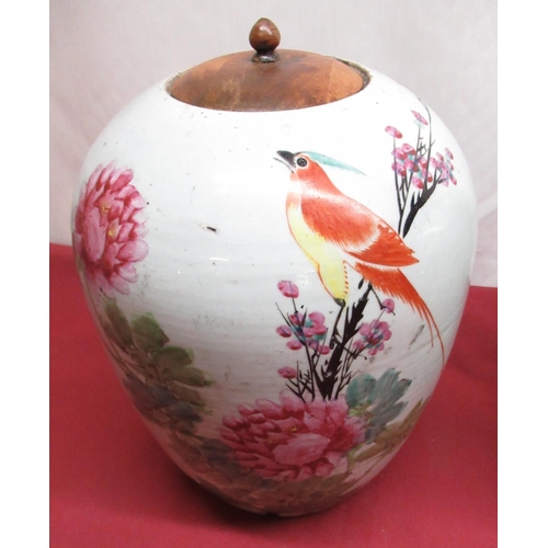 1140 - Pair of Chinese ovoid jars, bodies decorated with birds amongst prunus blossom and tree peonies and ... 