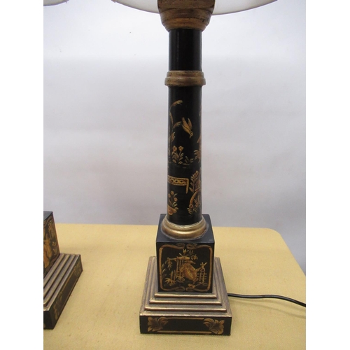 1103 - Pair of Regency style black Chinoiserie decorated table lamps, tapering columns on square plinths an... 