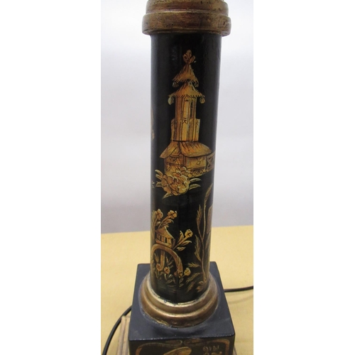 1103 - Pair of Regency style black Chinoiserie decorated table lamps, tapering columns on square plinths an... 