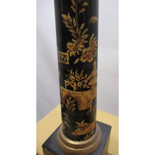 1103 - Pair of Regency style black Chinoiserie decorated table lamps, tapering columns on square plinths an... 