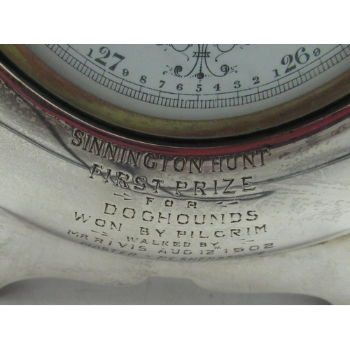 1061 - Early C20th presentation Aneroid barometer with 9cm circular white enamel dial, in Edw.VII hallmarke... 