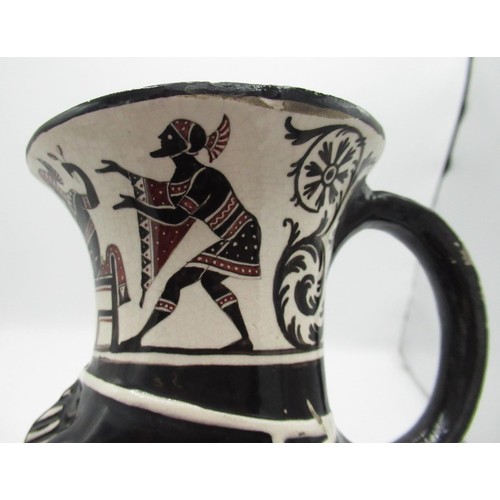 1133 - C20th pottery single handled Stirrup cup modelled as a horse head with Etruscan style figures and sc... 