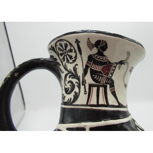 1133 - C20th pottery single handled Stirrup cup modelled as a horse head with Etruscan style figures and sc... 