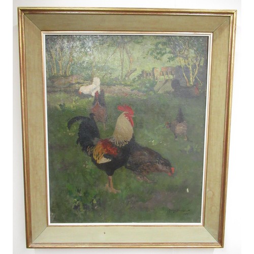 1246 - George Thompson (late C19th); Chickens scratching in a wooded glade, oil on canvas, signed and dated... 