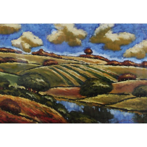 1219 - Russian Contemporary School; Extensive rural landscape, gouache, indistinctly signed, 64cm x 95cm