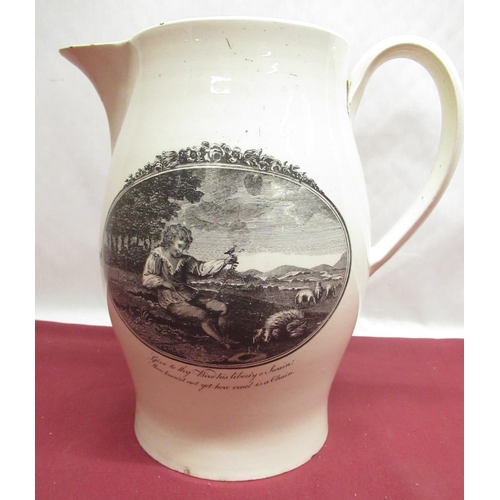 1134 - Large C18th Creamware jug, printed with oval panels and entitled; ‘Give to thy Bird his liberty o Sw... 