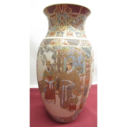 1141 - Pair of C20th Satsuma vases, ovoid bodies decorated with figural and birds and flowers, H31cm (2)