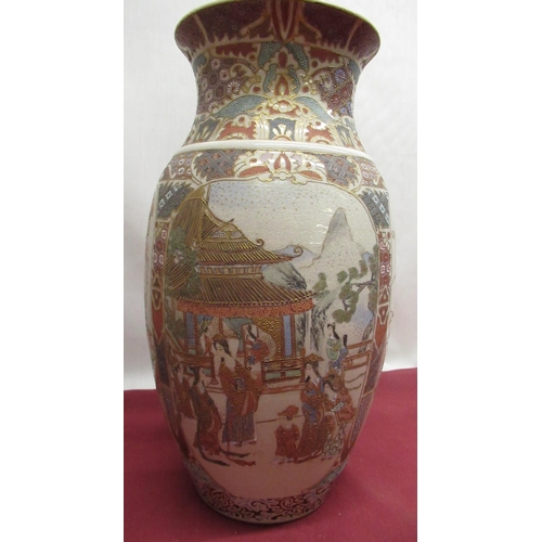 1141 - Pair of C20th Satsuma vases, ovoid bodies decorated with figural and birds and flowers, H31cm (2)