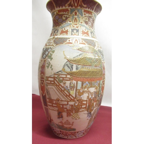 1141 - Pair of C20th Satsuma vases, ovoid bodies decorated with figural and birds and flowers, H31cm (2)