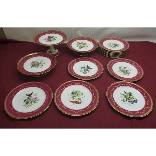 1137 - C19th Minton's dessert service, painted to centre with butterflies, moths and floral sprays in a puc... 