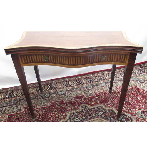 1310 - Geo. III inlaid mahogany folding tea table, serpentine top with satinwood cross band , and inlaid fr... 