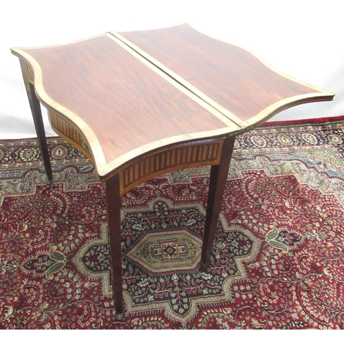 1310 - Geo. III inlaid mahogany folding tea table, serpentine top with satinwood cross band , and inlaid fr... 