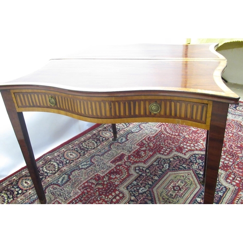 1310 - Geo. III inlaid mahogany folding tea table, serpentine top with satinwood cross band , and inlaid fr... 