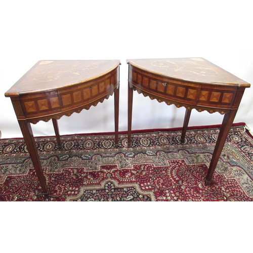 1308 - Pair of late C18th mahogany corner tables, tops inlaid with crested scrolls, pen-work and bands, fri... 