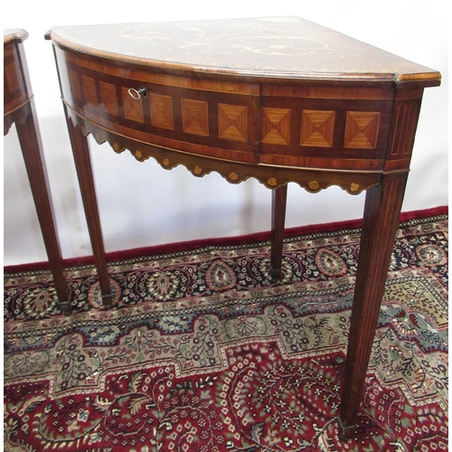 1308 - Pair of late C18th mahogany corner tables, tops inlaid with crested scrolls, pen-work and bands, fri... 