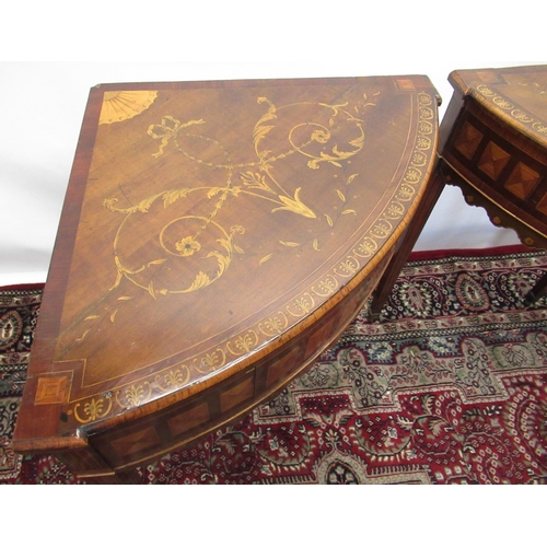 1308 - Pair of late C18th mahogany corner tables, tops inlaid with crested scrolls, pen-work and bands, fri... 