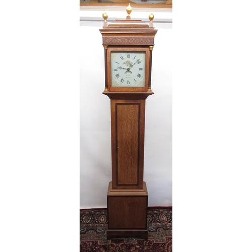 1263 - Oak long case clock, 28cm square painted Roman dial with faux date aperture signed Kidds Malton, lat... 