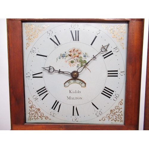 1263 - Oak long case clock, 28cm square painted Roman dial with faux date aperture signed Kidds Malton, lat... 