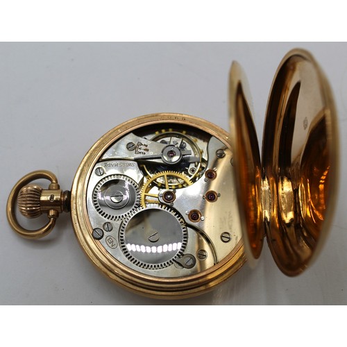 1038 - N B Swiss 9ct gold open faced keyless pocket watch, white enamel Arabic dial with rail track minutes... 
