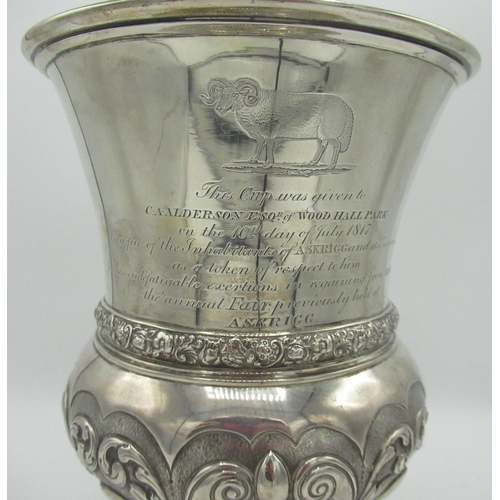 1045 - Geo.III York hallmarked silver urn shaped trophy cup, part repousse with scrolls, tapering circular ... 