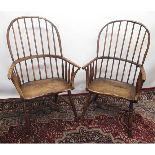 1324 - Pair of Country made hoop and stick back Windsor type arm chairs, with curved arm supports and shape... 