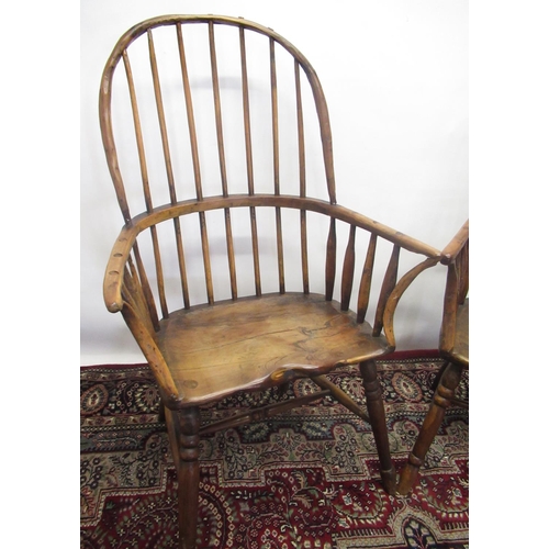 1324 - Pair of Country made hoop and stick back Windsor type arm chairs, with curved arm supports and shape... 