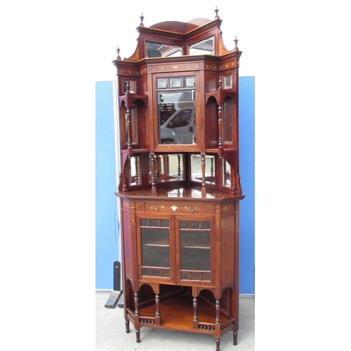 1333 - Edwardian Sheraton revival inlaid rosewood corner display cabinet, raised back with bevelled mirror ... 