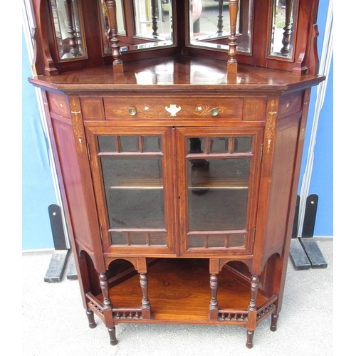 1333 - Edwardian Sheraton revival inlaid rosewood corner display cabinet, raised back with bevelled mirror ... 