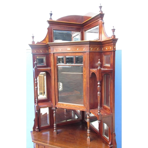 1333 - Edwardian Sheraton revival inlaid rosewood corner display cabinet, raised back with bevelled mirror ... 