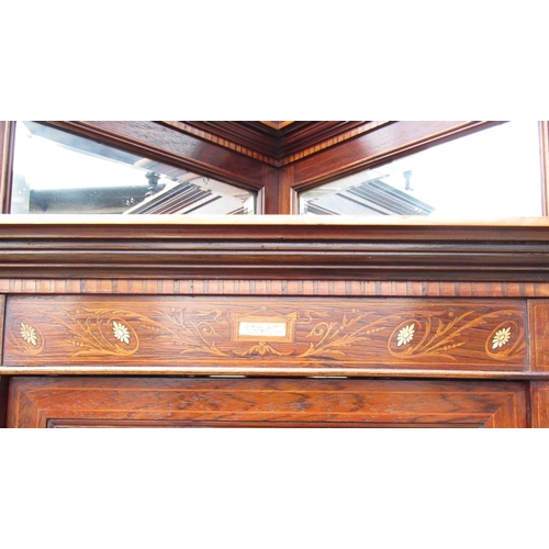 1333 - Edwardian Sheraton revival inlaid rosewood corner display cabinet, raised back with bevelled mirror ... 