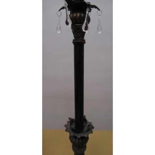 1114 - Pair of patinated metal and composite Regency style table lamps, lobed, leaf clasped and lustre scon... 