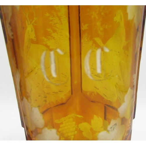 1124 - Pair of Bohemian amber glass Hunting goblets, tapering bowls etched in relief panels with Stag, Houn... 