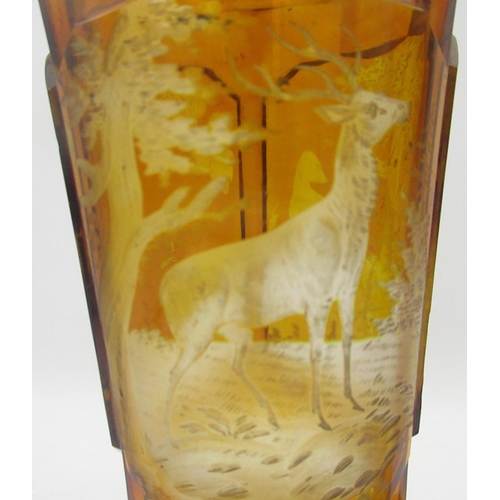 1124 - Pair of Bohemian amber glass Hunting goblets, tapering bowls etched in relief panels with Stag, Houn... 