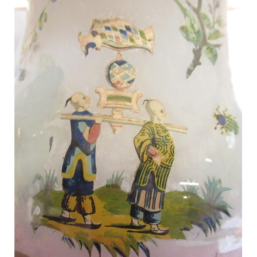 1104 - Decalomania style two light table lamp, chinoiserie decorated baluster body with gilt wood base and ... 