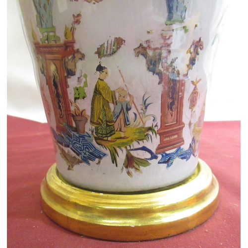 1104 - Decalomania style two light table lamp, chinoiserie decorated baluster body with gilt wood base and ... 