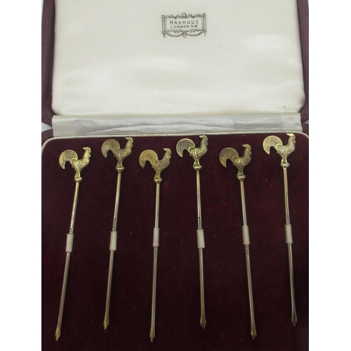 1086 - Set of six sterling silver gilt cocktail sticks with cockerel finials in Harrods London presentation... 