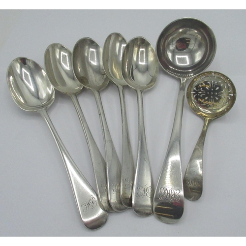1067 - Set of five Victorian hallmarked silver Old English pattern dessert spoons, engraved with initials, ... 