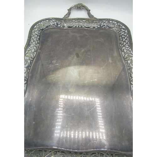 1083 - C20th EPNS shaped rectangular tray, reed edge pierced border with acanthus cast handles, W70cm D42cm... 