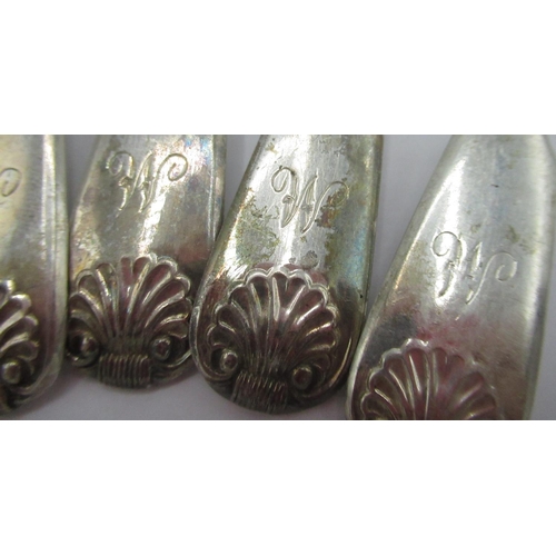 1079 - Set of six Victorian hallmarked silver Fiddle and Shell pattern tea spoons, engraved with initials, ... 